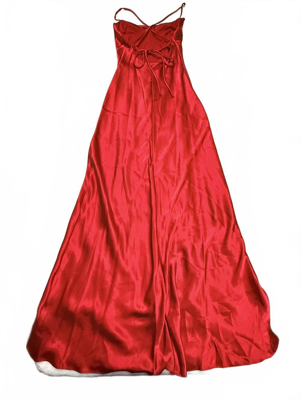 Morgan & Co Red Satin Maxi Dress Cowl Neck Lace Up Back Prom Formal Gown XS Y2K